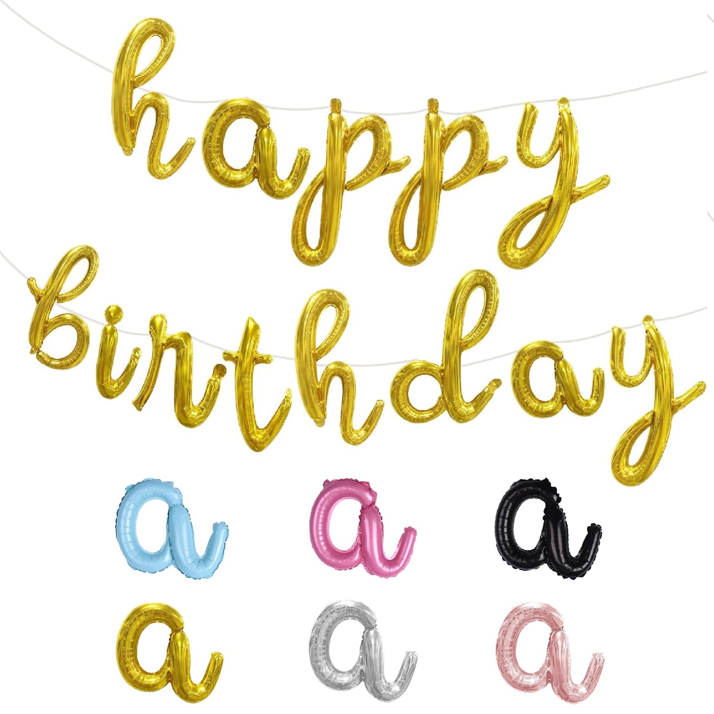 Balloon Vibe Gold Happy Birthday Balloon Banner - Script/Cursive Gold Mylar Foil Letters Banner For Birthday Decor - Happy Birth