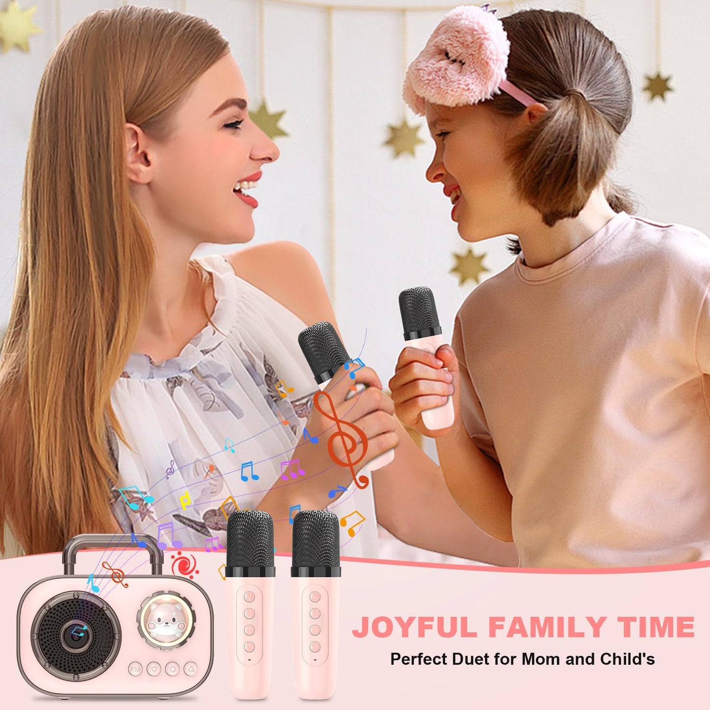 Mini Karaoke Machine For Kids Adults, Fun Portable Bluetooth Speaker With 2 Wireless Microphones, Stereo Sound Enhanced, Rich Bass, Cute Music Toys For Girls And Boys Ages 3-12 To Sing Loudly