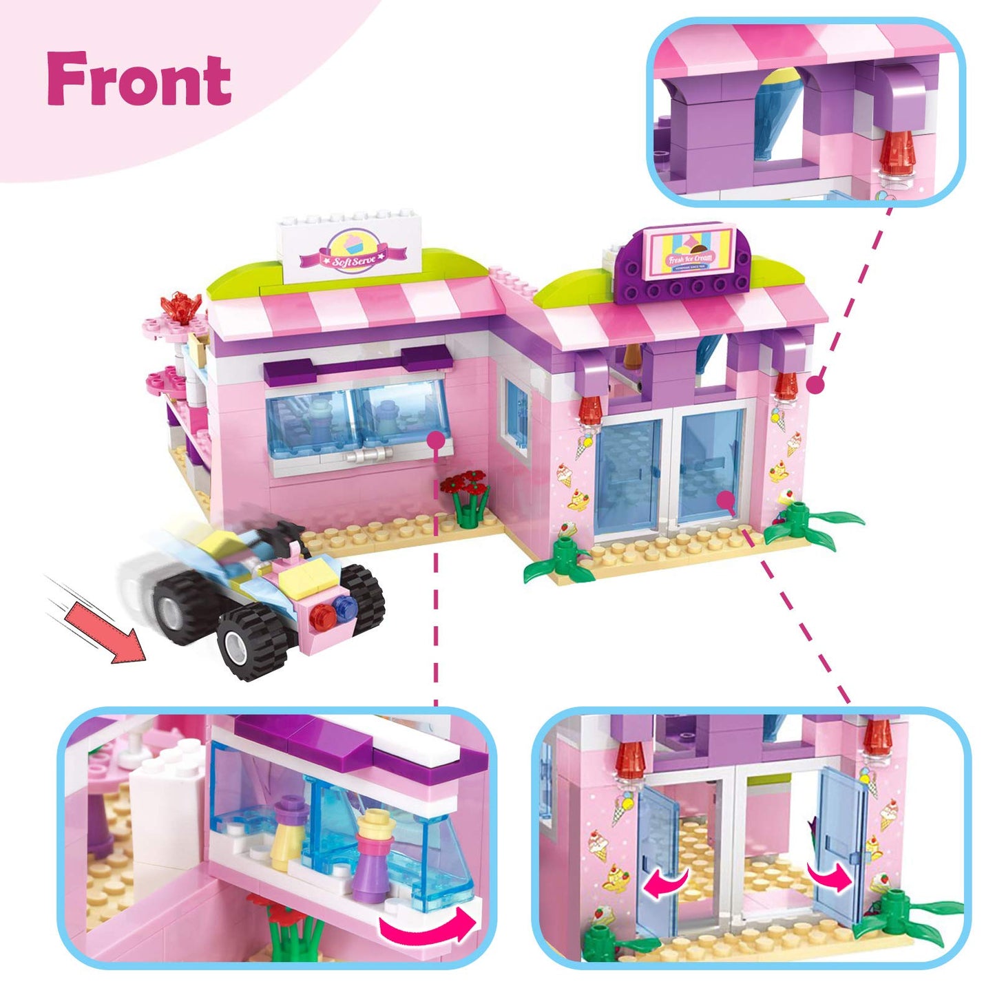 BRICK STORY Girls Friends Ice Cream Shop Building Set Pink Beach Ice Cream Dessert Store Building Blocks Toys with Beach Buggy Friends Beach Vacation Playset for Kids 6-12  317 Pieces