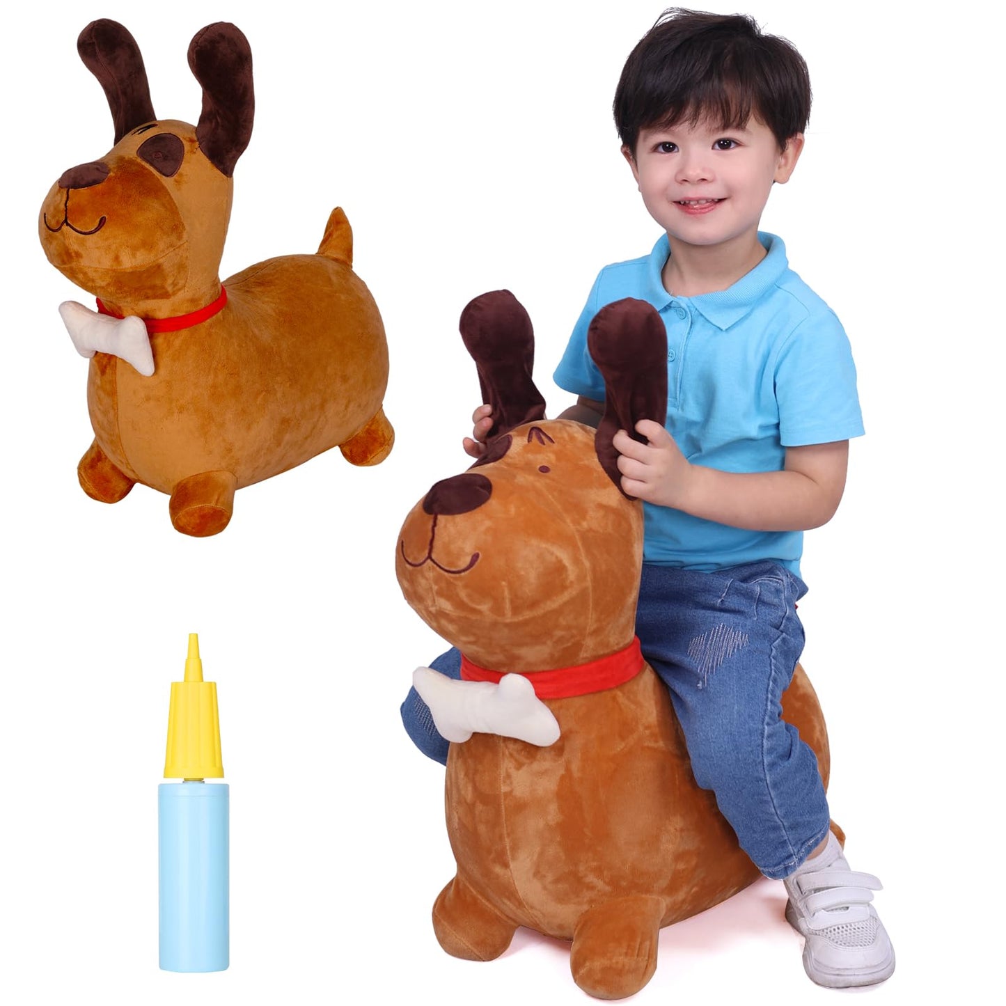 INPANY Bouncy Horse  Brown Dog Hopper Toy  Toddler Plush Bouncing Animal  Inflatable Jumping Buddies  Ride on Animal Bouncer  Outdoor Indoor Birthday Gift for 2 3 4 Year Old Girl Boy