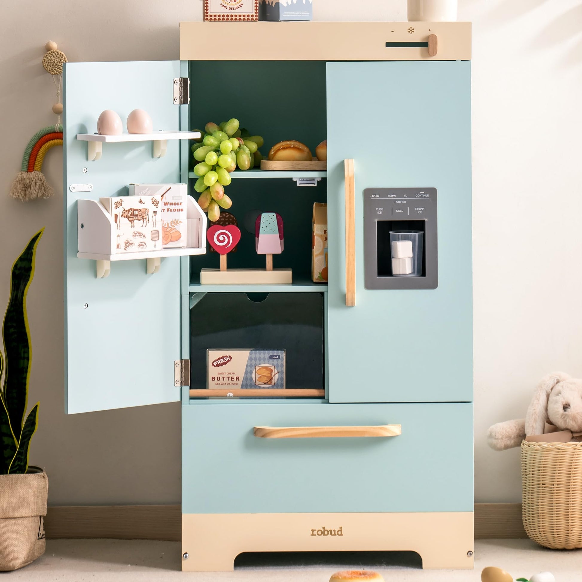 Robud Fridge Refrigerator With Ice Dispenser, Wooden Play Fridge Freezer Set For Kids, Toddler Kitchen Playset With Full Accesso