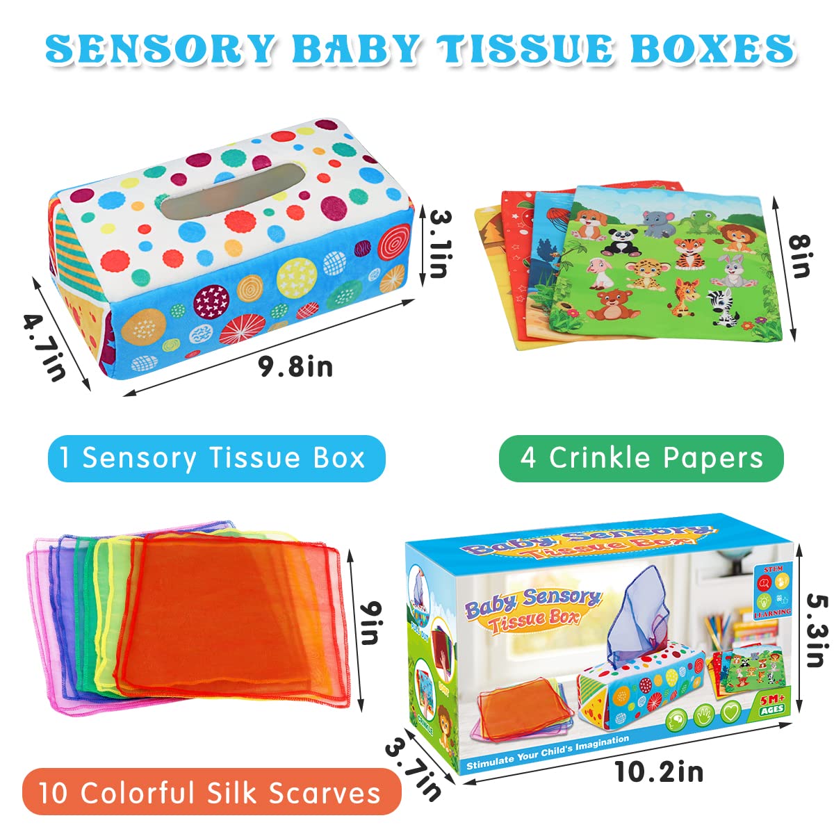 Aiduy Baby Tissue Box Toys - Soft Crinkle Montessori Infant Sensory Toy for 6-12 Months, Colorful, Medium, Ideal for Boys & Girls