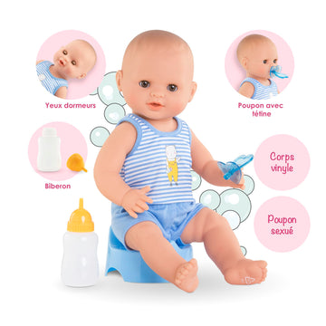 Corolle Drink and Wet Bath Baby Paul - 14    Boy Baby Doll with 3 Accessories - Bottle, Potty, and Pacifier - Really Drinks and