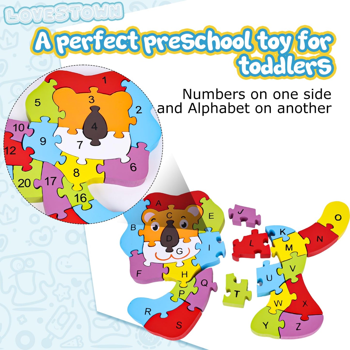 Lovestown Lion Wooden Puzzle, 26Pcs Jigsaw Puzzle Alphabet And Number Blocks Animal Wooden Building Blocks For Kid Preschool Edu