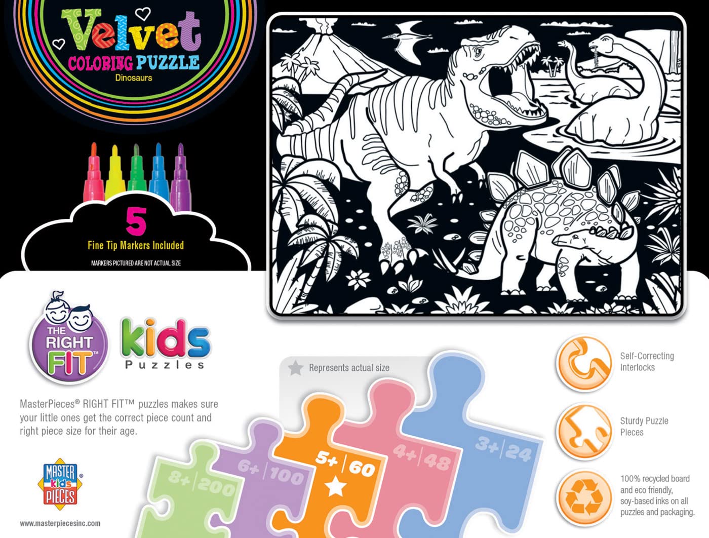 Masterpieces 60 Piece Jigsaw Puzzle For Kids - Dinosaur Velvet Coloring - 14''X19''
