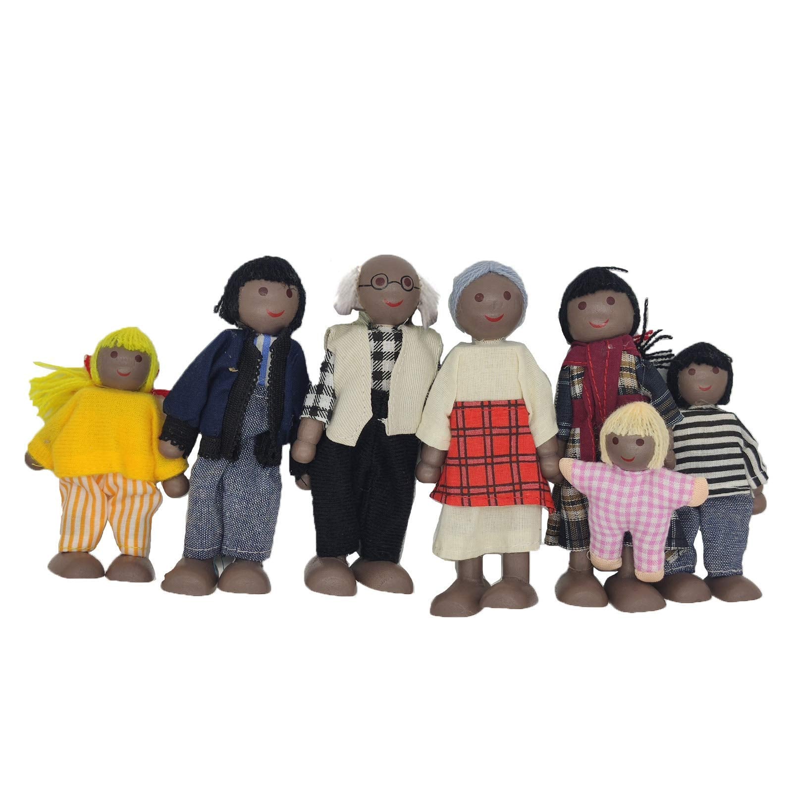 ERANCE 7 Pcs African American Wooden Dollhouse Family Set Dollhouse Dolls Family Role Play Pretend Play Figures