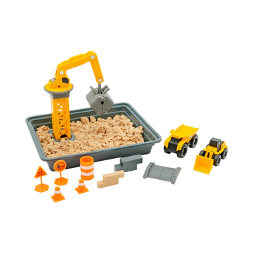 Cat Construction Toys, Dig N' Build Dirt Playset With 12 Oz Of Dirt Compound, 2 Little Machine Vehicles, Crane, Molds, And Storage Tray, Indoor/Outdoor Play For Kids Ages 3+