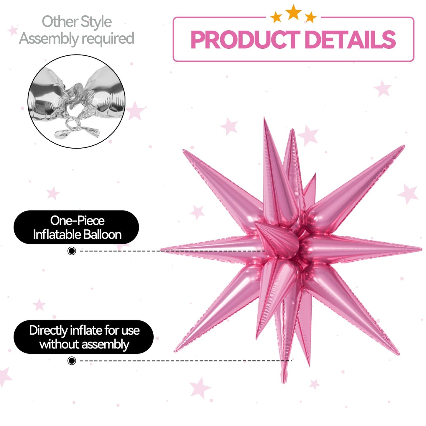6PCS Star Balloons, 22Inch Large Pink Star Balloon Explosion Foil Balloons Cone Spike Balloon for Birthday Graduation Wedding An