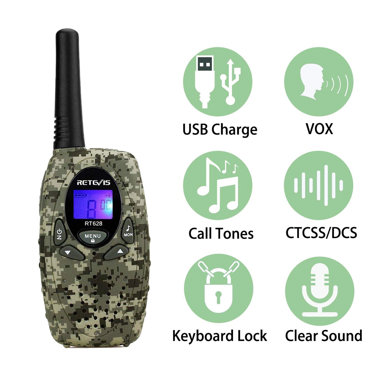 Retevis Rt628 Walkie Talkies For Kids Rechargeable,22Ch Vox Long Range Kids Walkie Talkie,Toys For 6-12 Year Old Boy Birthday Gifts For Outdoor Scavenger Hunt(Camouflage, 2 Pack)