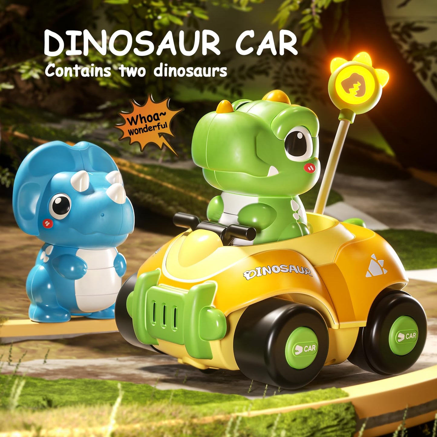 Jovow Dinosaur Remote Control Car for Toddlers,Kids Dinosaur Toys with LED Lights & Music,Electric RC Cars Toys for Boys Kids Bi