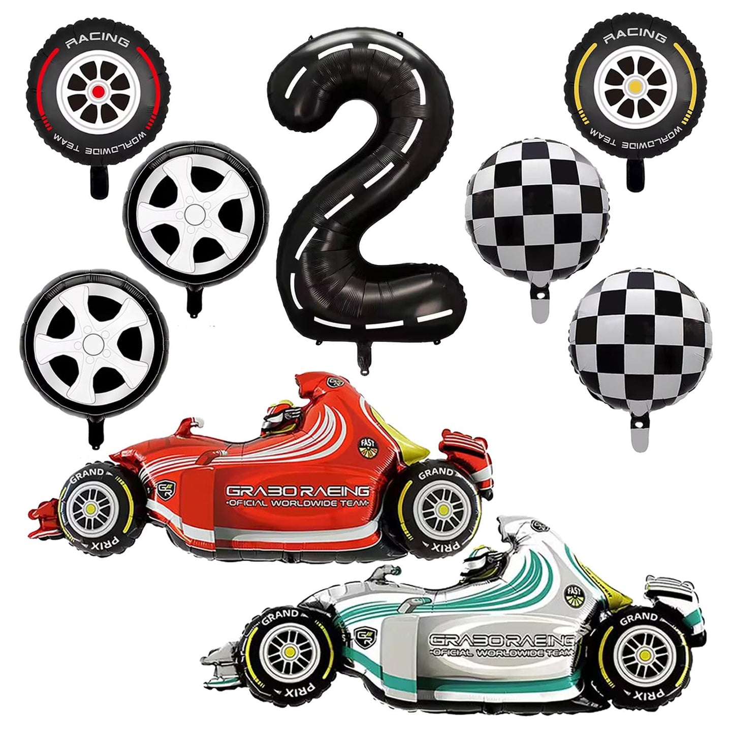 Number 2 Race Car Balloons, 43 Inch Race Car Party Decorations, Wheel Tire Balloons, Black And White Checkered Foil Balloons, Ca