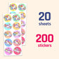 Unicorn Sticker Sheets For Kids, 1.5'' - 20 Sheets, 200 Stickers