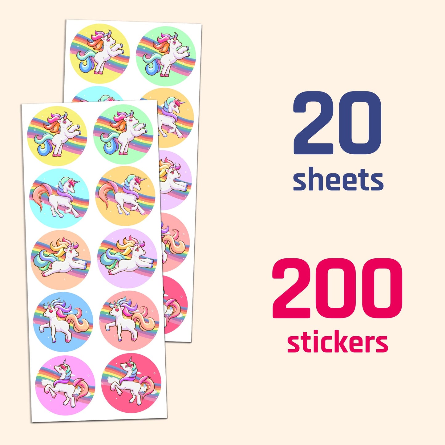Unicorn Sticker Sheets For Kids, 1.5'' - 20 Sheets, 200 Stickers