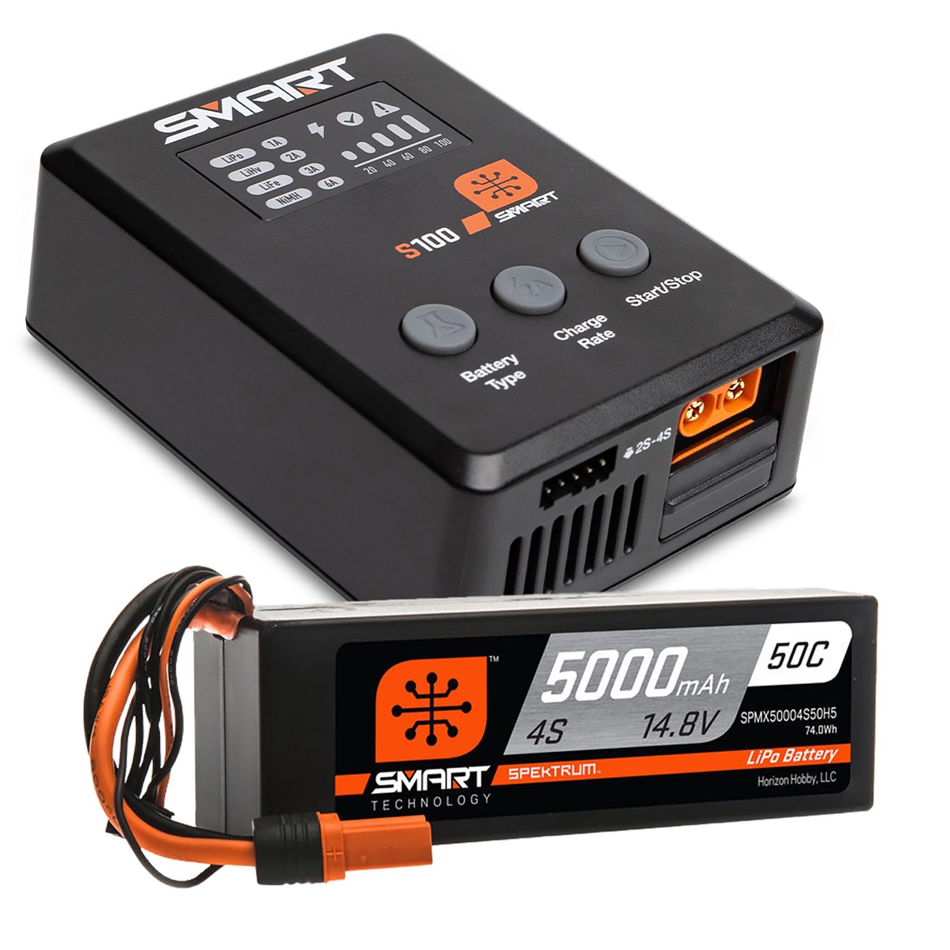 Spektrum Accessories Smart Powerstage Surface Bundle: 5000mAh 4S 50C LiPo Battery (IC5) / 100W S100 Charger, SPMX-1035