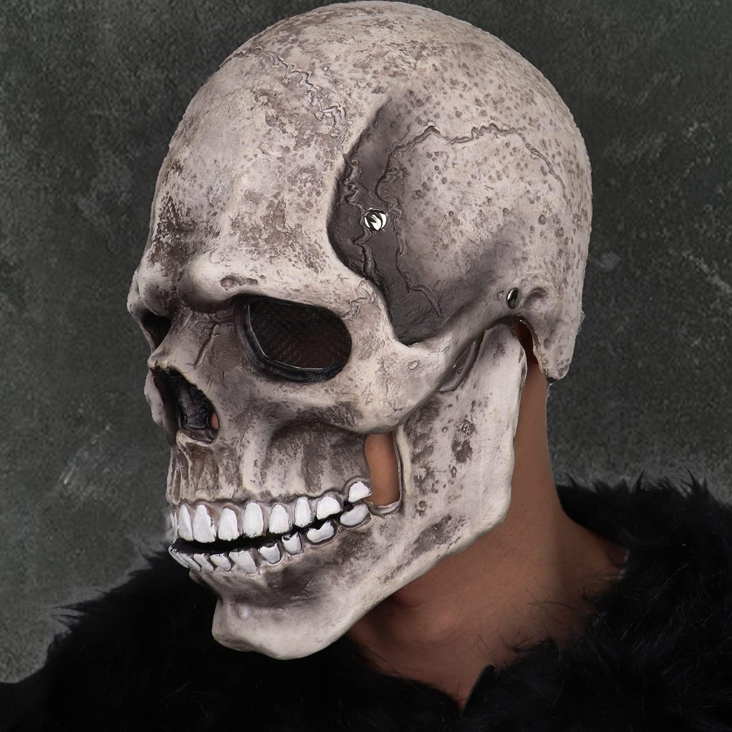 CosTribe Creepy Full Head Skull Mask with Moving Jaw Halloween Scary Latex Helmet for Cosplay Party Props. (White)