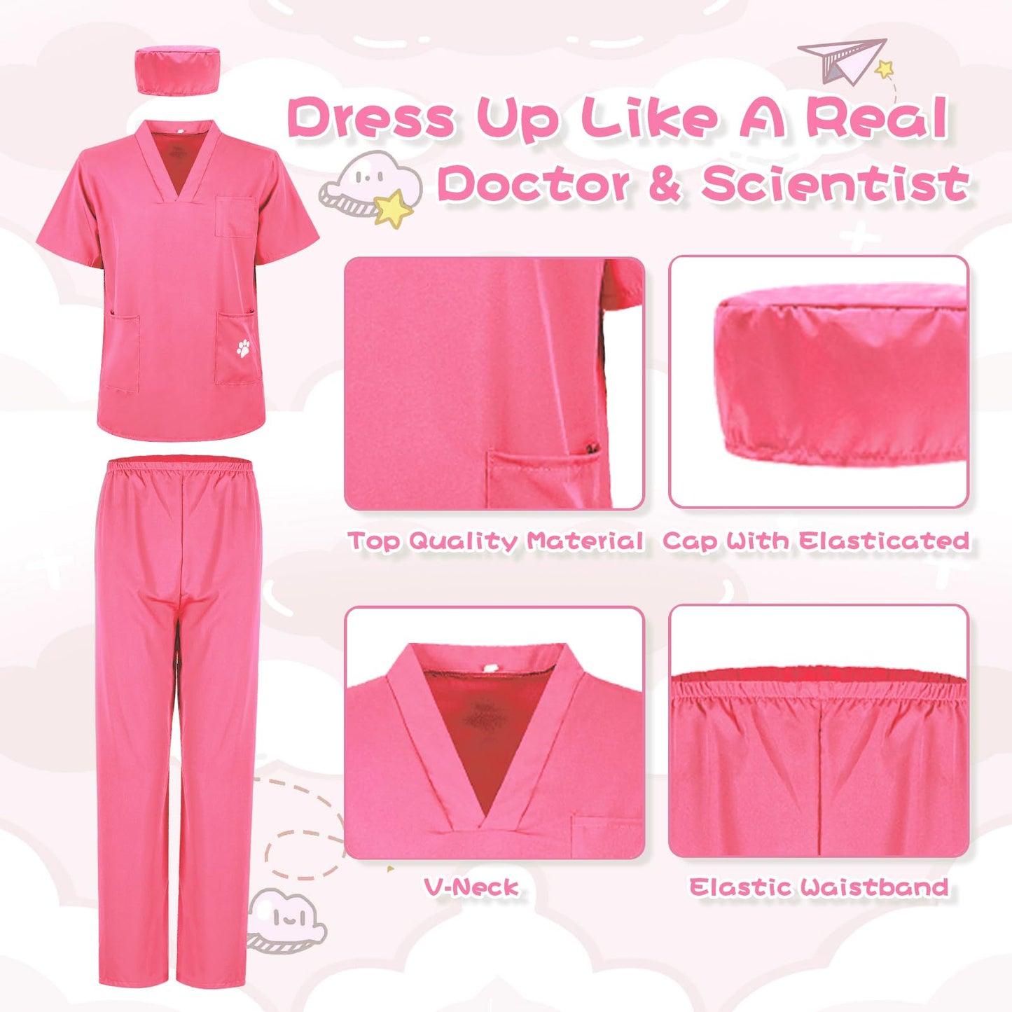 S3XY-FIV5 Kids Nurse Costume Doctor Costume Dentist Costume For Kids Play House Pretend Play Dress Up Party Pink 6-8 yrs 140cm