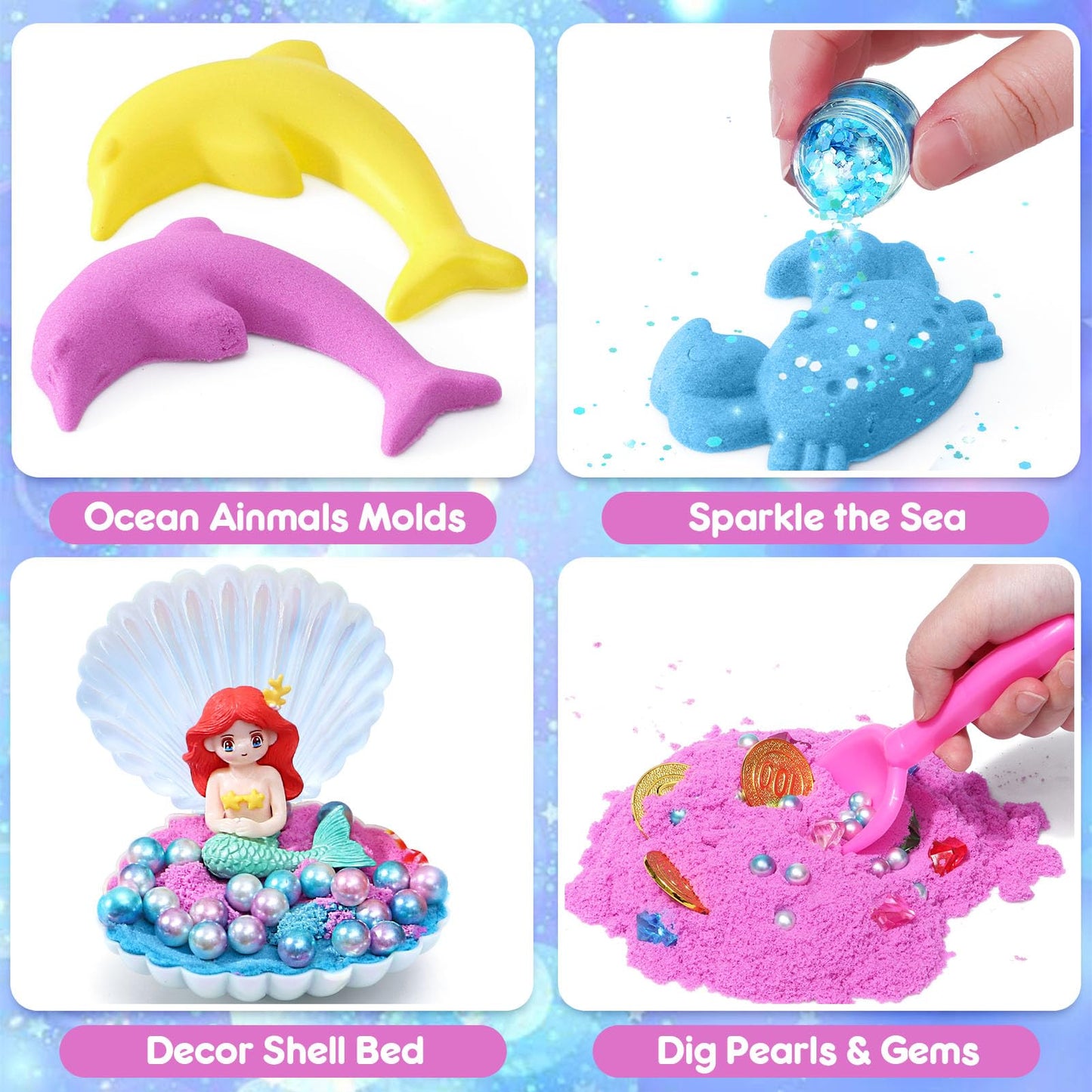 G.C Mermaid Sensory Bin for Girl Kid Toy, 103pcs Play Sand Art Kit with Sandbox/2lb Color Sand/6 Molds/Treasure Box/Shell, Ocean