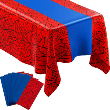 Remagr 6 Pcs 54 x 108 inch Spider Birthday Party Tablecloth Plastic Disposable Hero Table Cover Large Red and Blue Plastic Recta