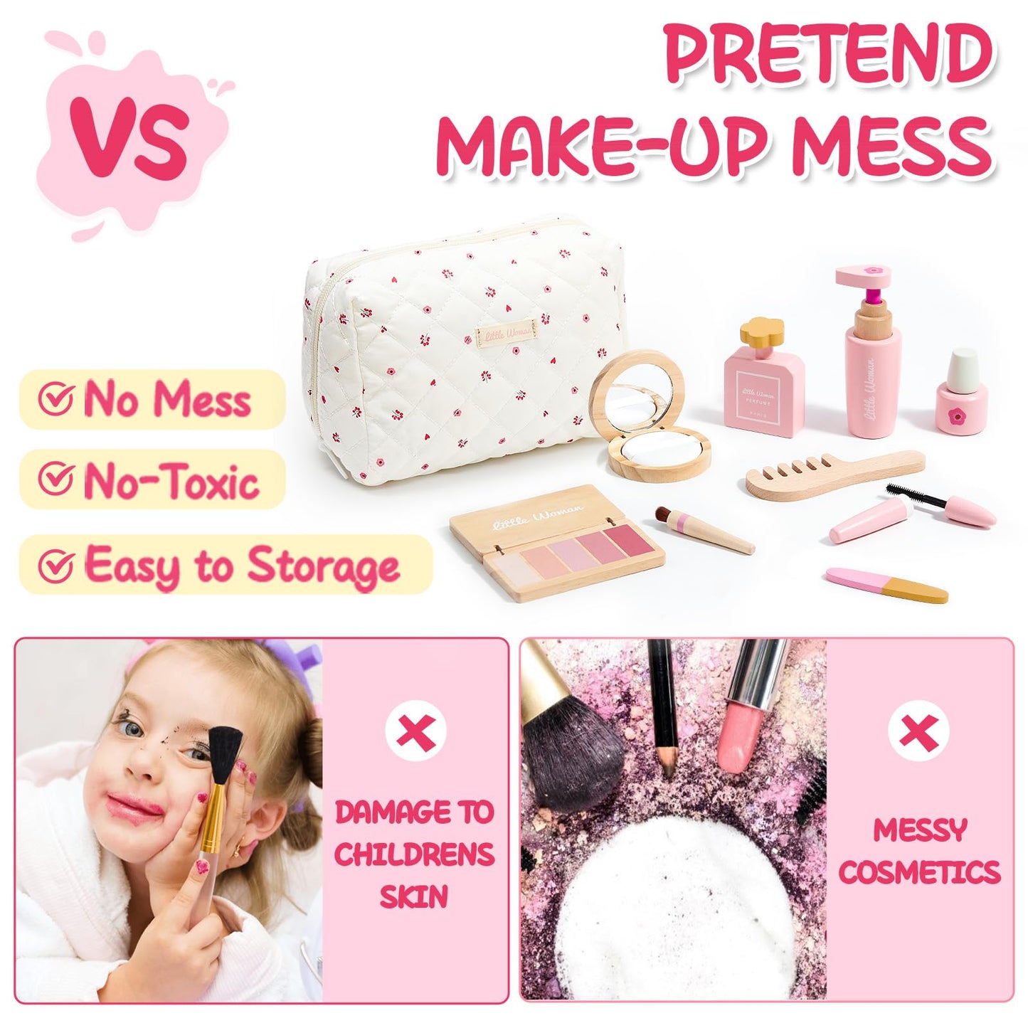 Lonico Wooden Makeup Toy Set For Girls Pretend Play Makeup Kit For Toddlers 3-5 With Eyeshadow/ Mascara/ Perfume/ Blush/ Mirror/