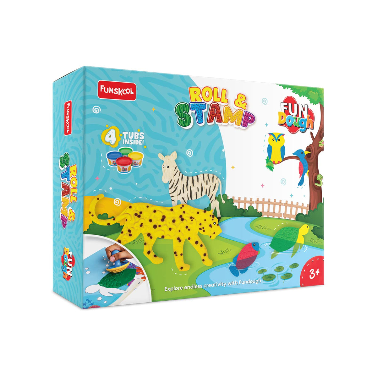 Funskool Fundough Playset Roll And Stamp, Create Textures And Patterns On Dough, 4 Tubs Of Dough, Toys For Kids, Shaping, Sculpt