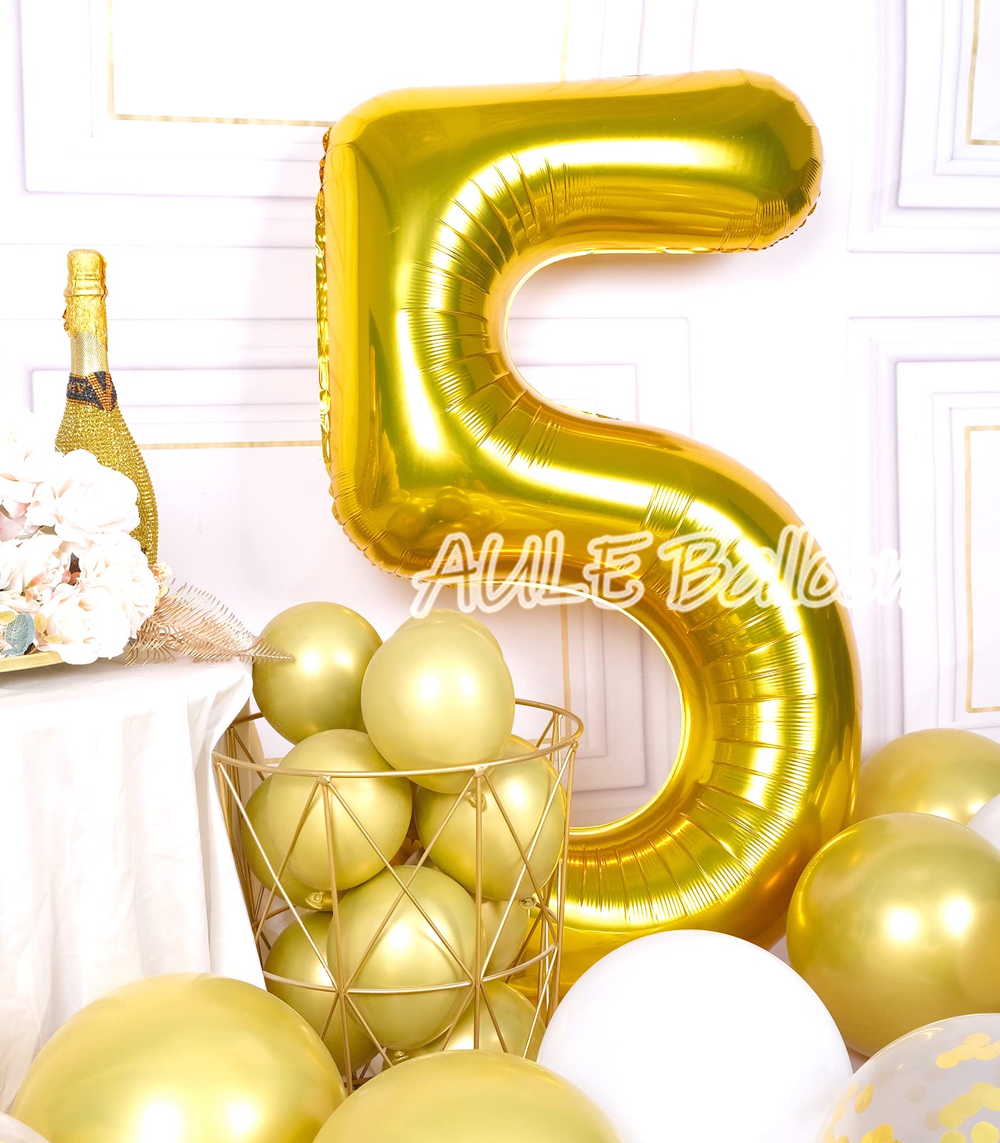 Aule 40 Inch Big Gold 5 Balloon Number Large Foil Helium Number Balloons 0-9 Jumbo Giant Happy 5Th Birthday Party Decorations Fo