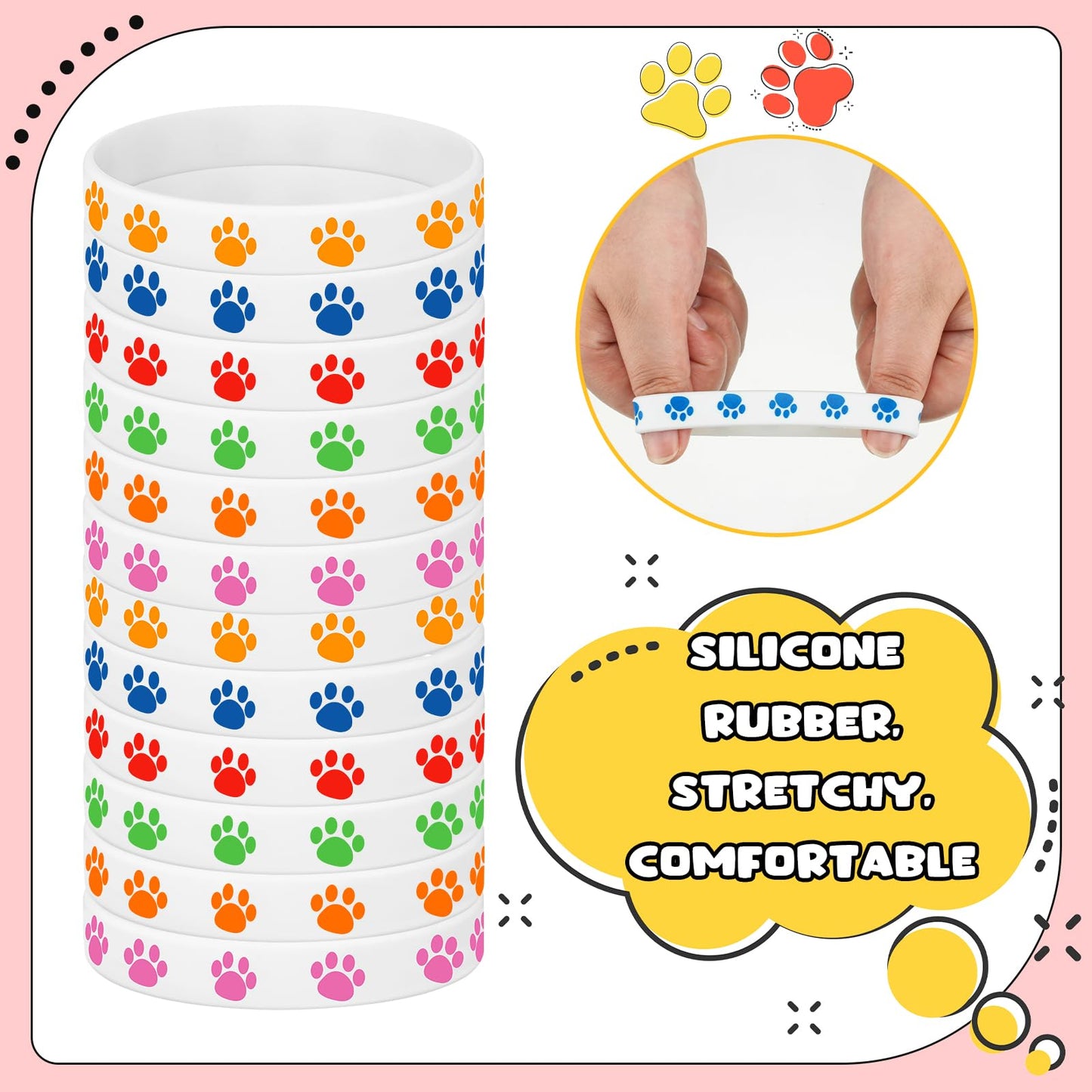 Gejoy 200 Pcs Paw Print Rubber Bracelets Multicolor Silicone Stretch Wristbands for Birthday Party Supplies(Fresh Color)