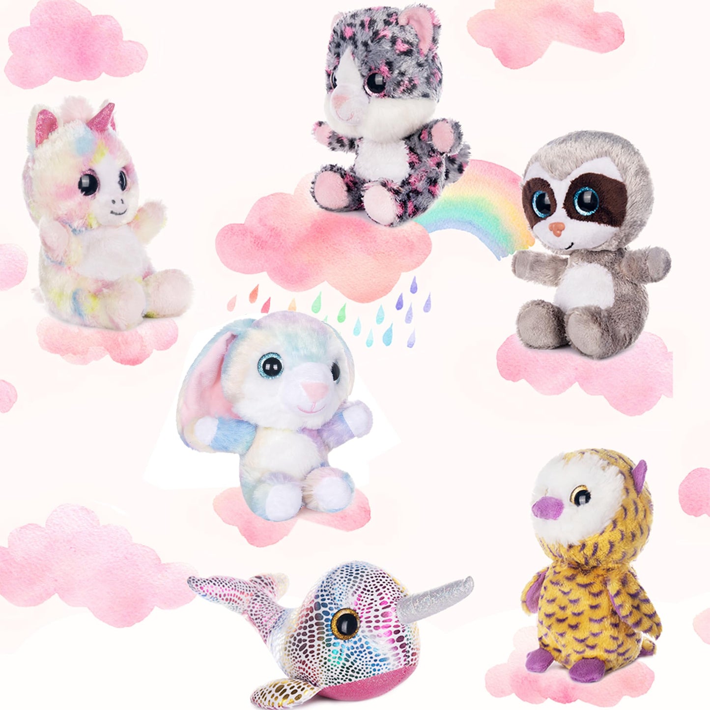 My Oli 7' Stuffed Animals Bundle Plush Toys Set Of Fairy Tale Plush Animal Toys Sloth/Unicorn/Rabbit/Narwhal/Owl/Cat Stuffed Animals Pack Of 6 For Babies Kids Girls Boys