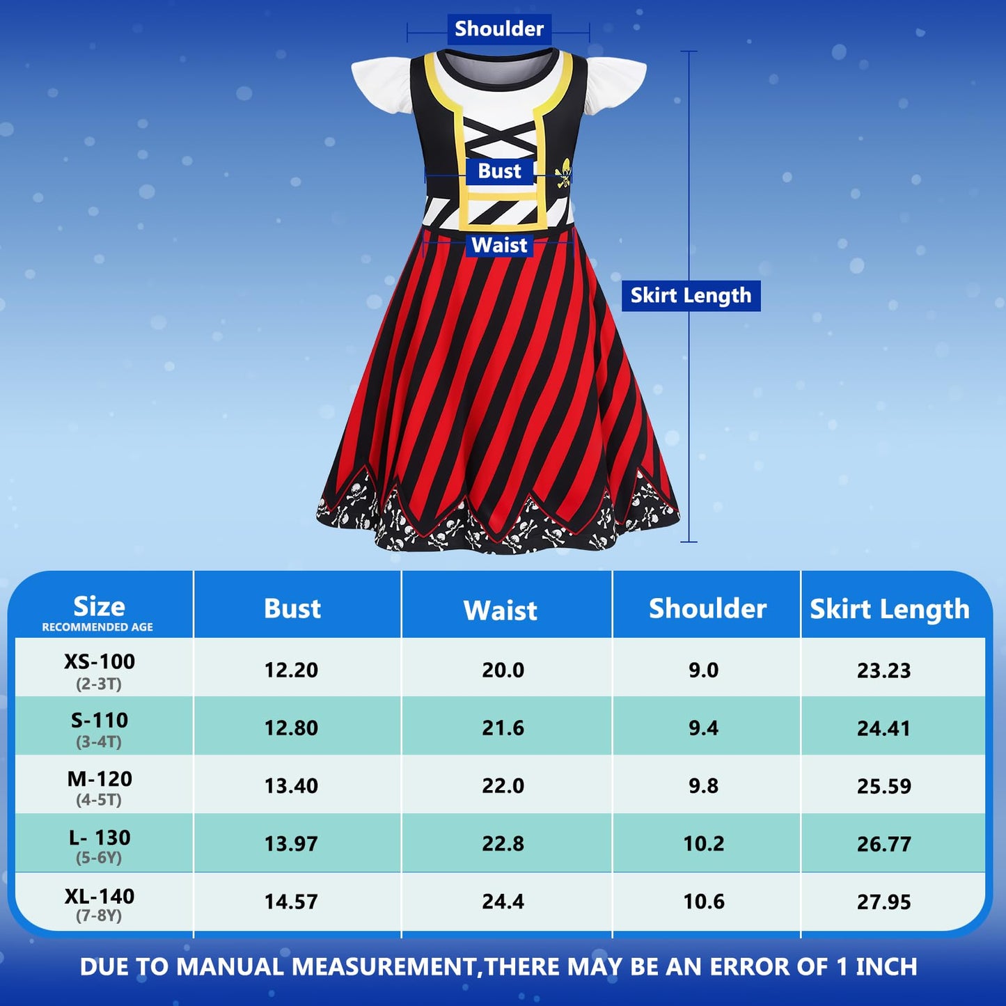 Mizzuco Girls Pirate Dress Toddler Buccaneer Costume Kids Dance Skirt Birthday Party Halloween Role Play Outfits(Red,130CM/6-7Y)