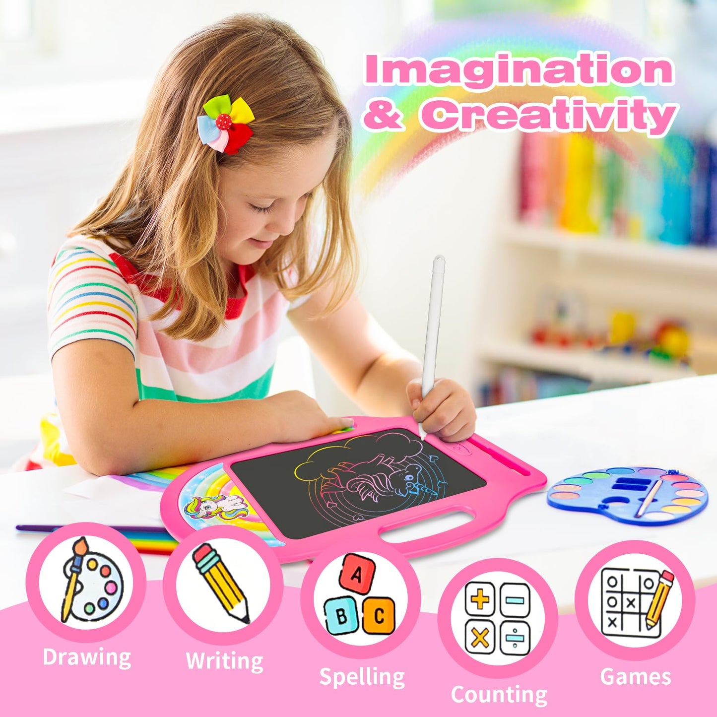 8.5 Inch Magic LCD Writing Tablet for Kids 2-7 - Unicorn Rainbow Learning Doodle Board with Handle, Resusable Mess-Free Drawing