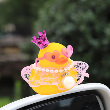wonuu Rubber Duck Car Dashboard Decoration  Duck Car Ornament Cute Car Accessories with Mini Crown Dress Pearl Necklace Glasses  Pink Lace Skirt