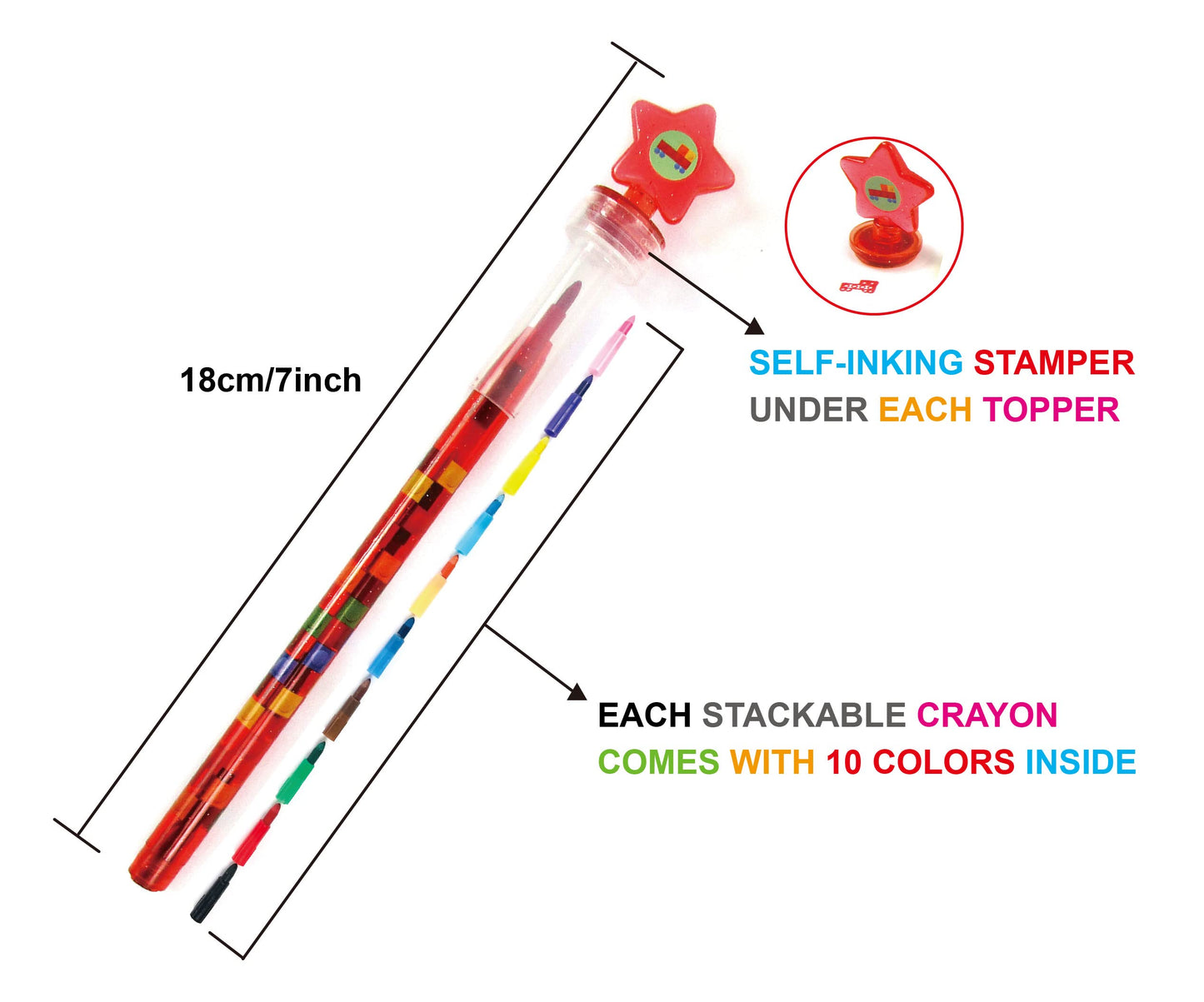 TINYMILLS 24 Pcs Color Blocks Brick 2 in 1 Stackable Stacking Crayon with Extra Stamper Topper, Kids Party Favors, Goodie Bag St