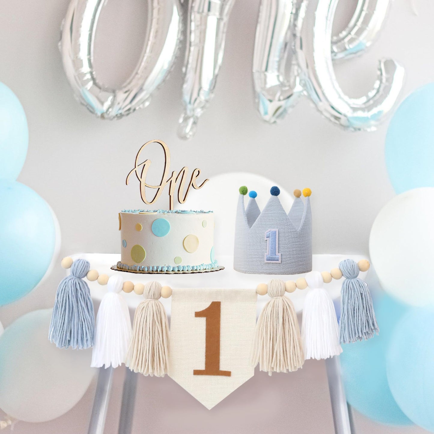 HODIHIWI Baby Boy First Birthday Party Decorations Blue White High Chair Banner 1st Crown Hat Cake Topper