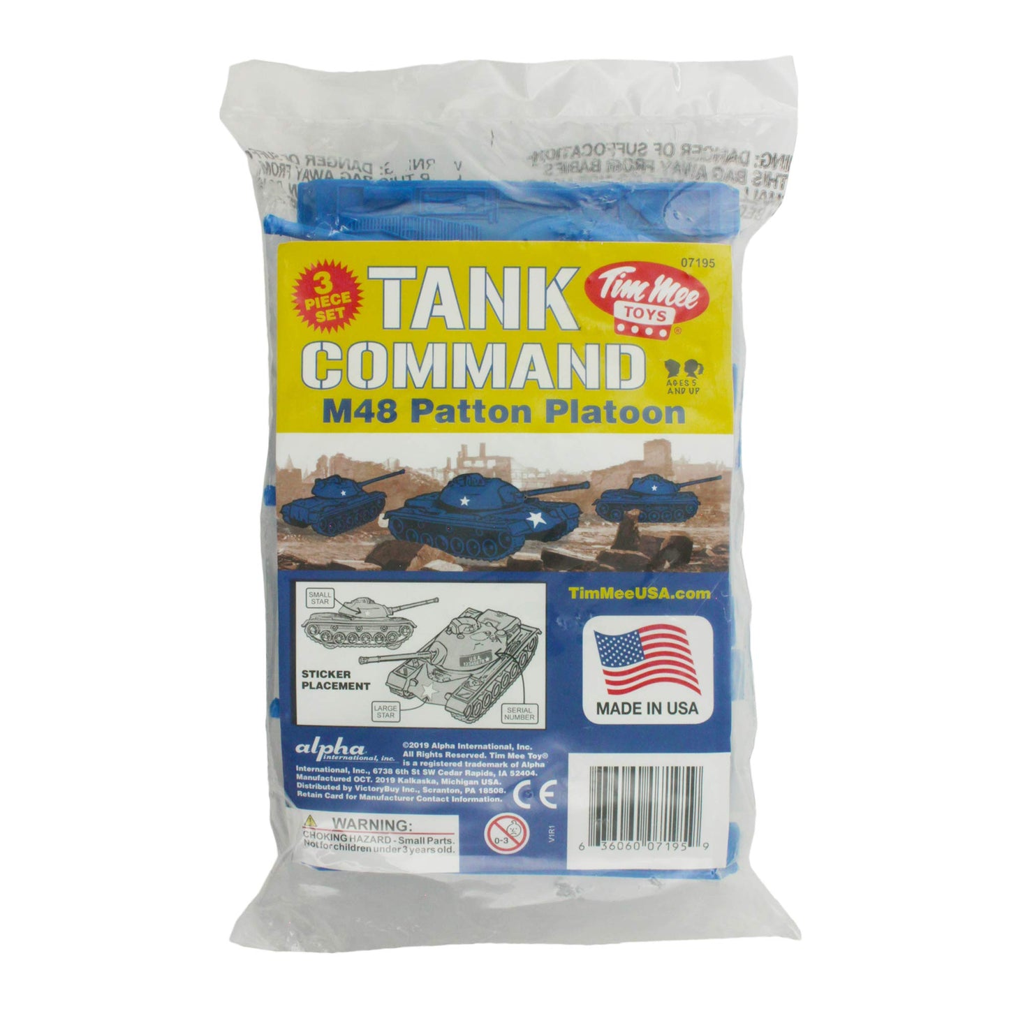 Tim Mee Toy Tanks - Blue WW2 3pc Plastic Army Men, 6.5" Long, Model 07195, Made in USA