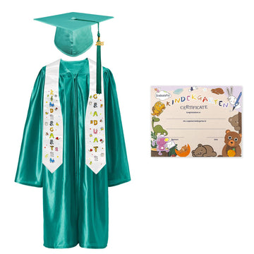 GraduatePro Kindergarten Graduation Cap and Gown Package Class of 2025 for Kids with Stole Certificate as Party Gift Emerald 30