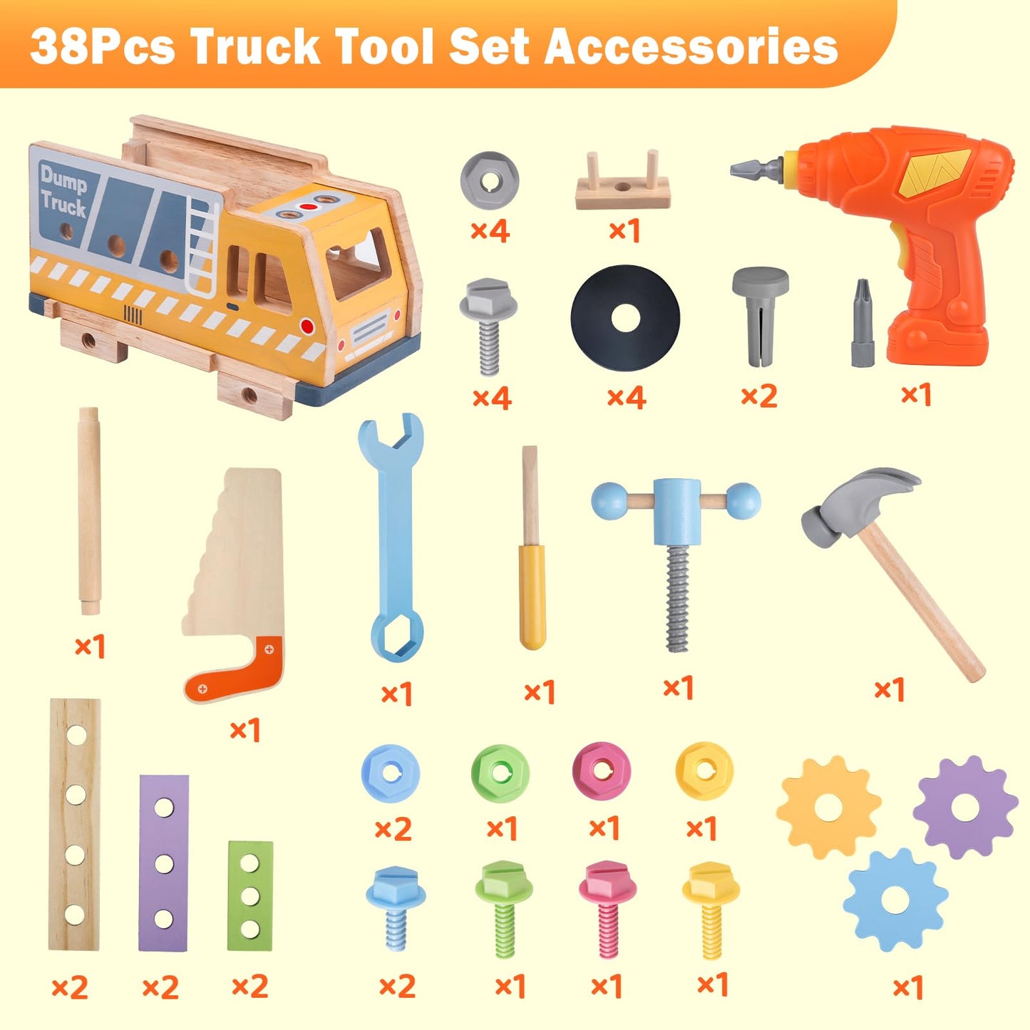 Aliex 38PCS Kids Wooden Truck Tool Set with Toy Drill for Toddlers Ages 3 4 5 6,Montessori STEM Educational Learning Constructio