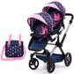 Bayer Design Dolls: Xeo Twin Pram: Stars Navy & Pink - Matching Handbag, Adjustable Handle, Dolls Up to 20, Ages 3+