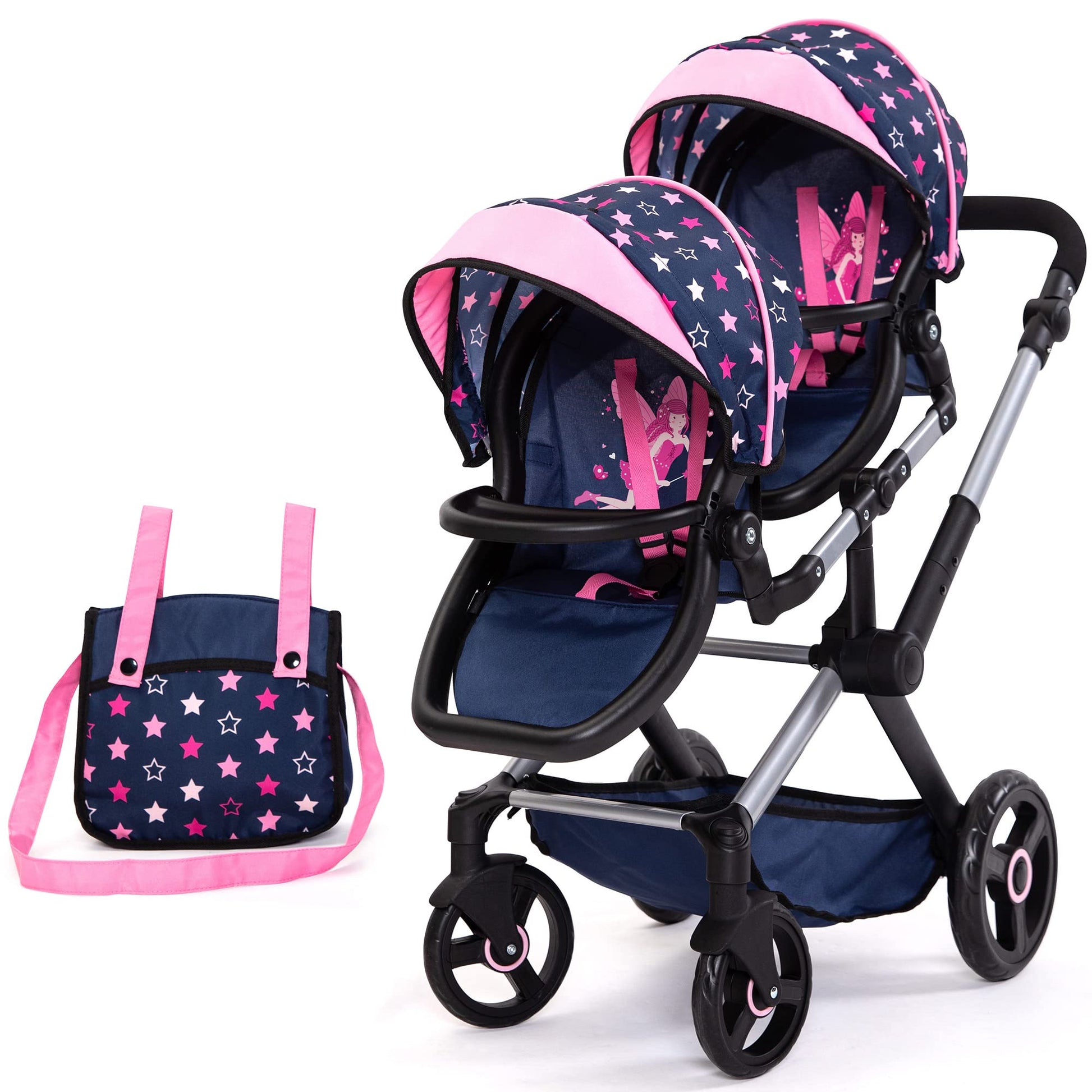 Bayer Design Dolls: Xeo Twin Pram: Stars Navy & Pink - Matching Handbag, Adjustable Handle, Dolls Up to 20, Ages 3+