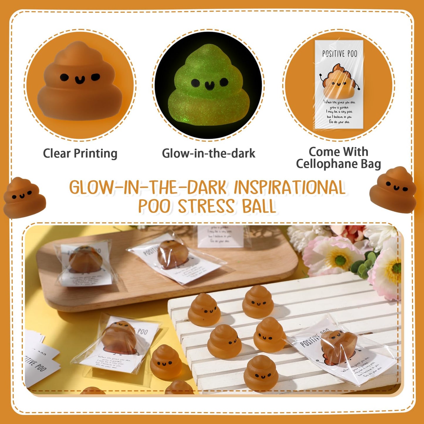 Wettarn 30 Sets Positive Stool Stress Ball Gifts Bulk Christmas Appreciation Gift Cute Emotional Luminous Stool Squeeze Inspirat
