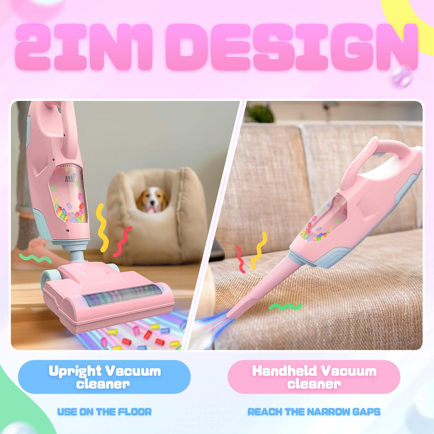 SMILESSKIDDO Kids Toy Vacuum & Piggy Bank Set, Compact Pink, Educational Cleaning Toy, Model F2306, Teaches Responsibility & Money Skills