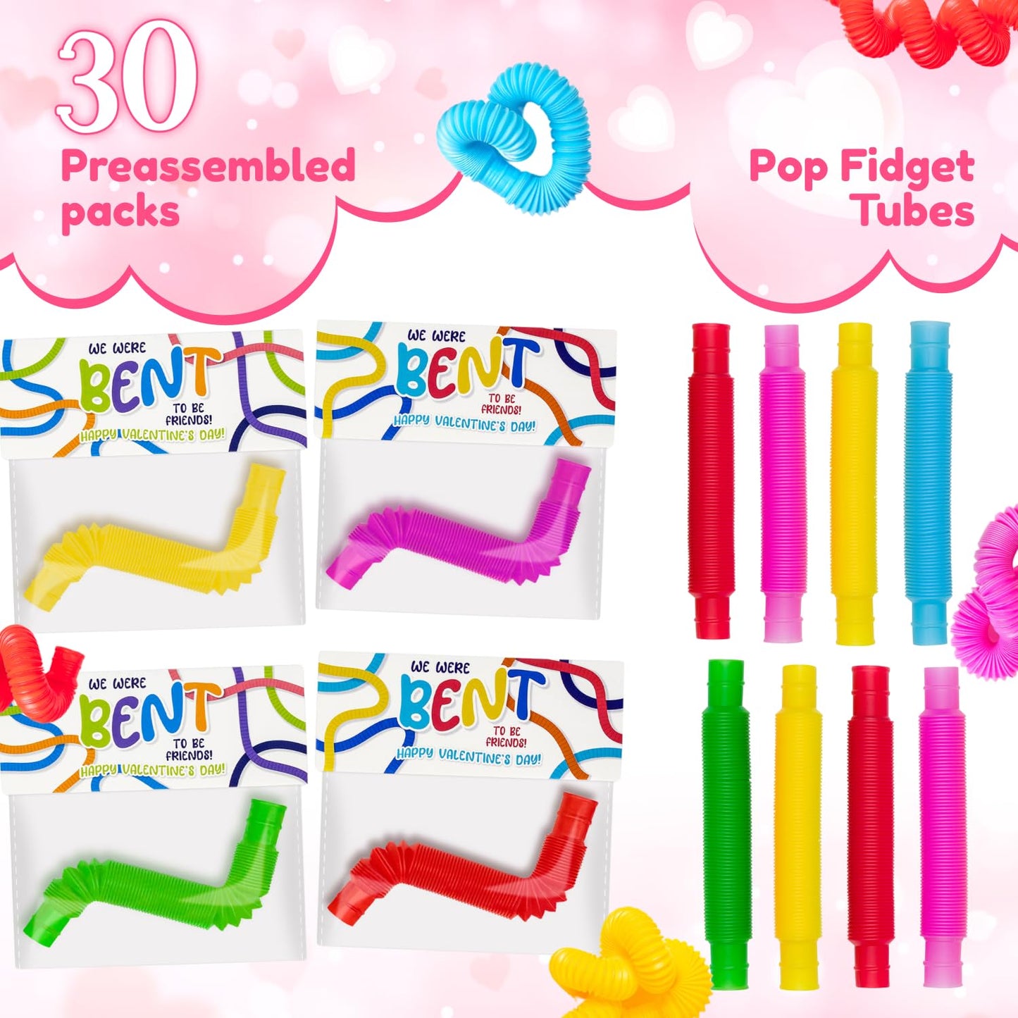 Funeta 30 Pack Fidget Pop Tubes, Valentines Day Cards For Kids School, Valentines For Kids Class, Toddler Valentines Day Gifts F