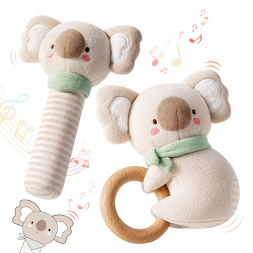 Evoceler 2 PCS Koala Rattles & Shaker Toys with Embroidered Details, Wooden Teething Ring Baby Toys, BPA-Free Sensory Toys for 0