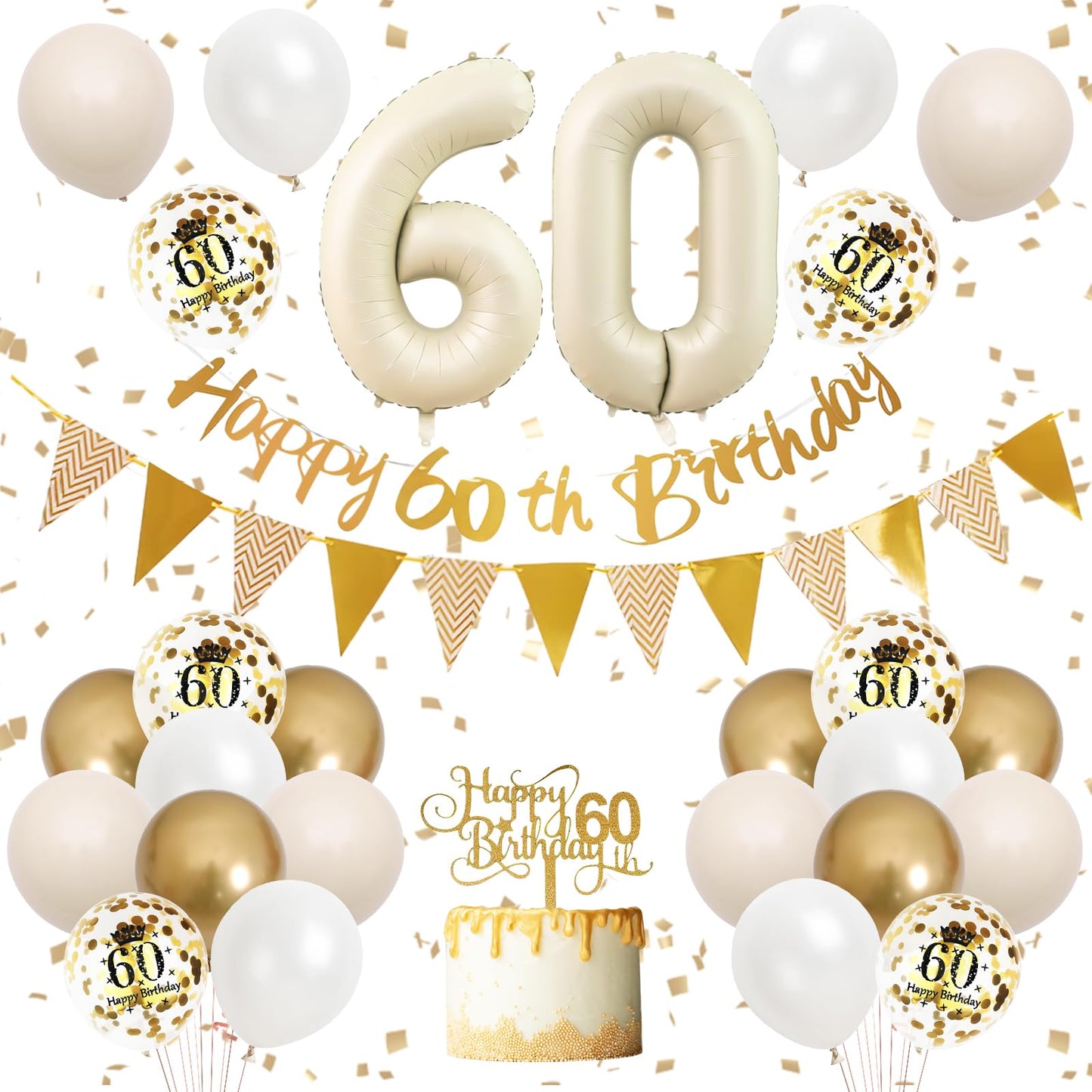 60Th Birthday Decorations Sand White Gold,60Th Birthday Balloons Beige Gold,Happy 60Th Birthday Banner With Cake Toppers Number