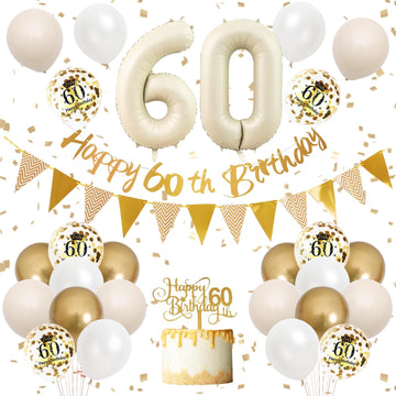 60Th Birthday Decorations Sand White Gold,60Th Birthday Balloons Beige Gold,Happy 60Th Birthday Banner With Cake Toppers Number