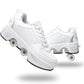 Double-Row Deform Wheel Automatic Walking Shoes Invisible Deformation Roller Skate 2 in 1 Removable Pulley Skates Skating Parkour (White Silver  US 7)