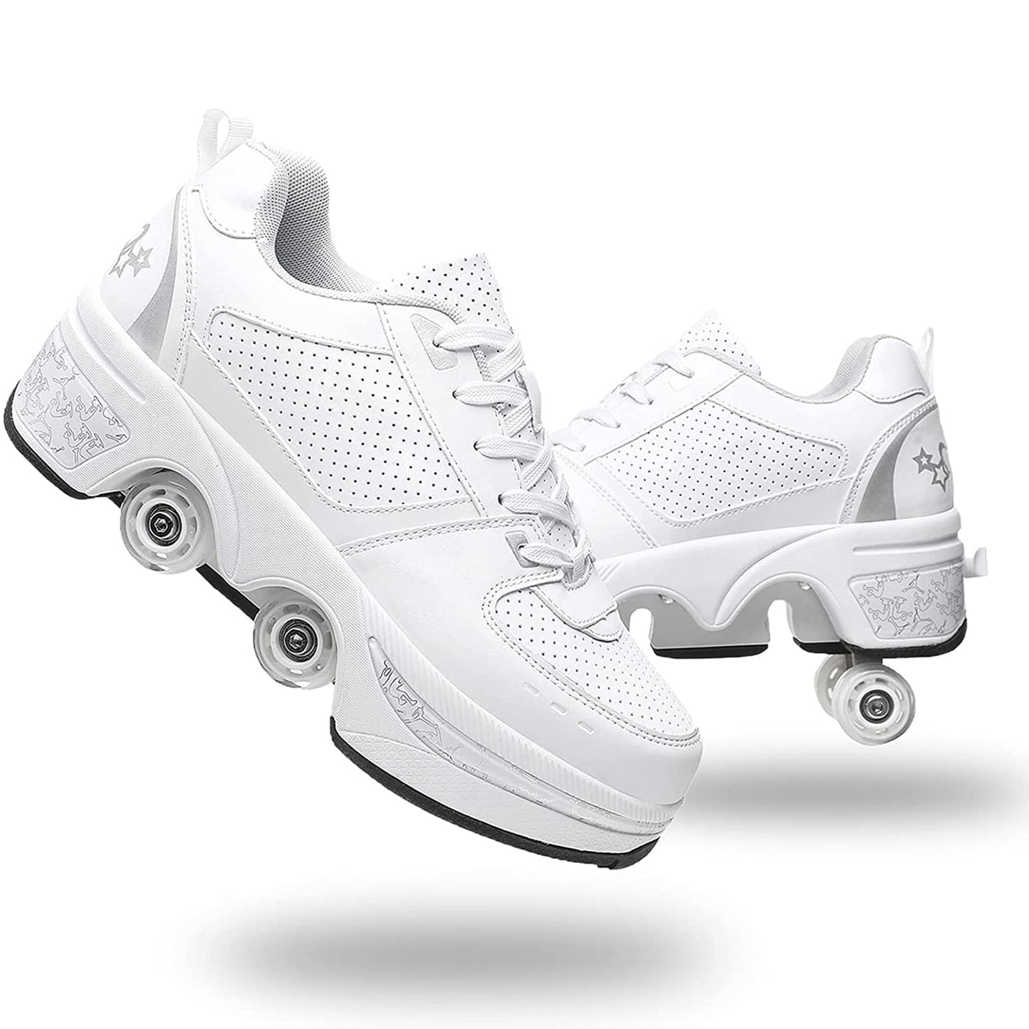Double-Row Deform Wheel Automatic Walking Shoes Invisible Deformation Roller Skate 2 in 1 Removable Pulley Skates Skating Parkour (White Silver  US 7)