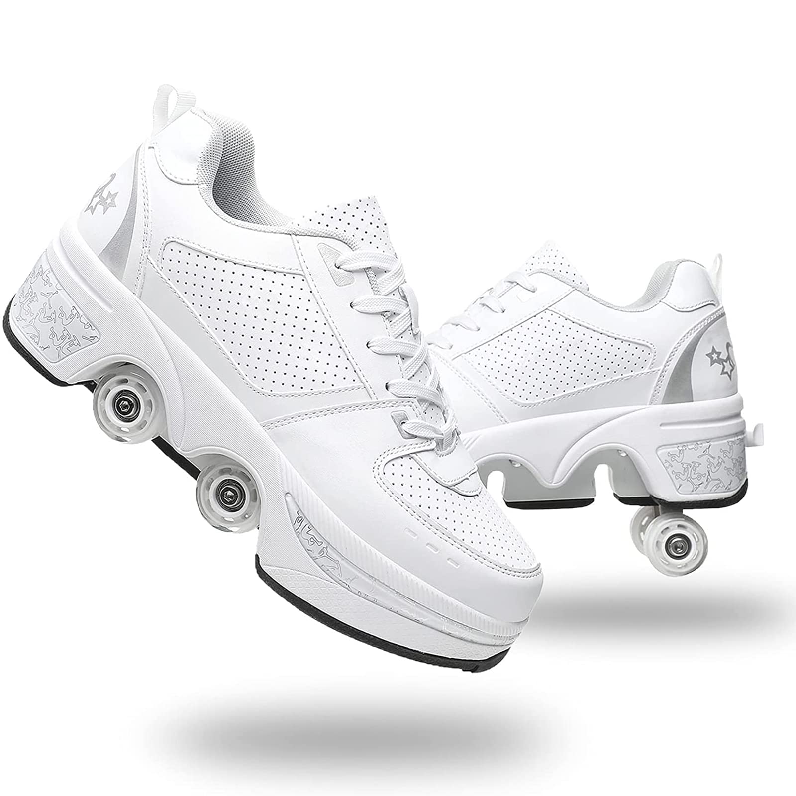 Double-Row Deform Wheel Automatic Walking Shoes Invisible Deformation Roller Skate 2 in 1 Removable Pulley Skates Skating Parkour (White Silver  US 7)