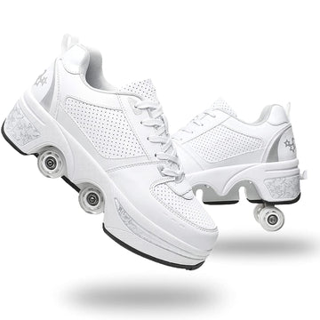 Double-Row Deform Wheel Automatic Walking Shoes Invisible Deformation Roller Skate 2 in 1 Removable Pulley Skates Skating Parkour (White Silver  US 7)
