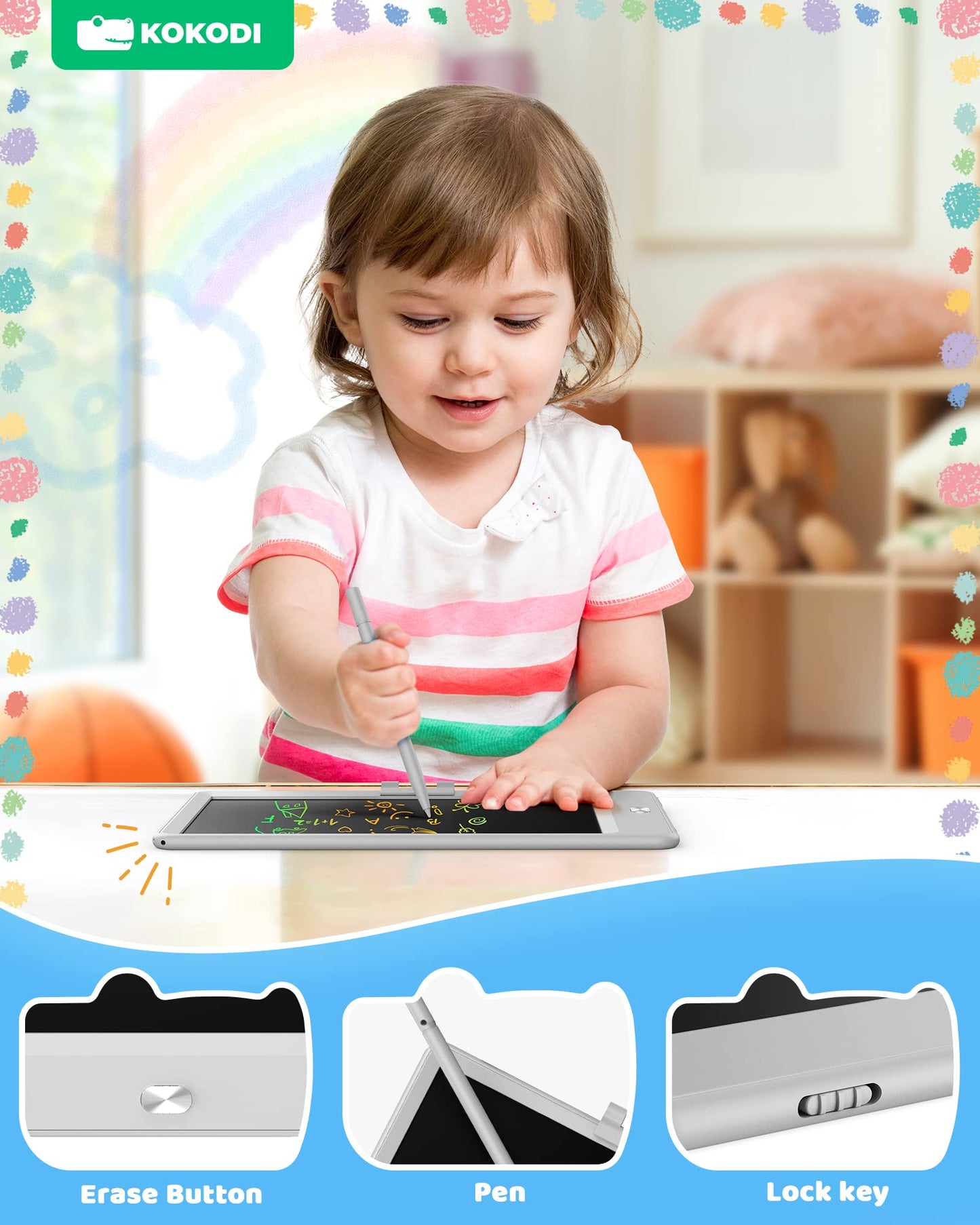 KOKODI 8.5-Inch LCD Writing Tablet - Colorful Doodle Board and Electronic Drawing Pad for Kids - Educational Toy Gift for 3-7 Ye