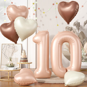 Biapian 40 Inch Light Brown Number 10 Balloons, 8Pcs Large Foil Number 1 & 0 Balloons With 18'' Caramel Heart Shape Balloon For