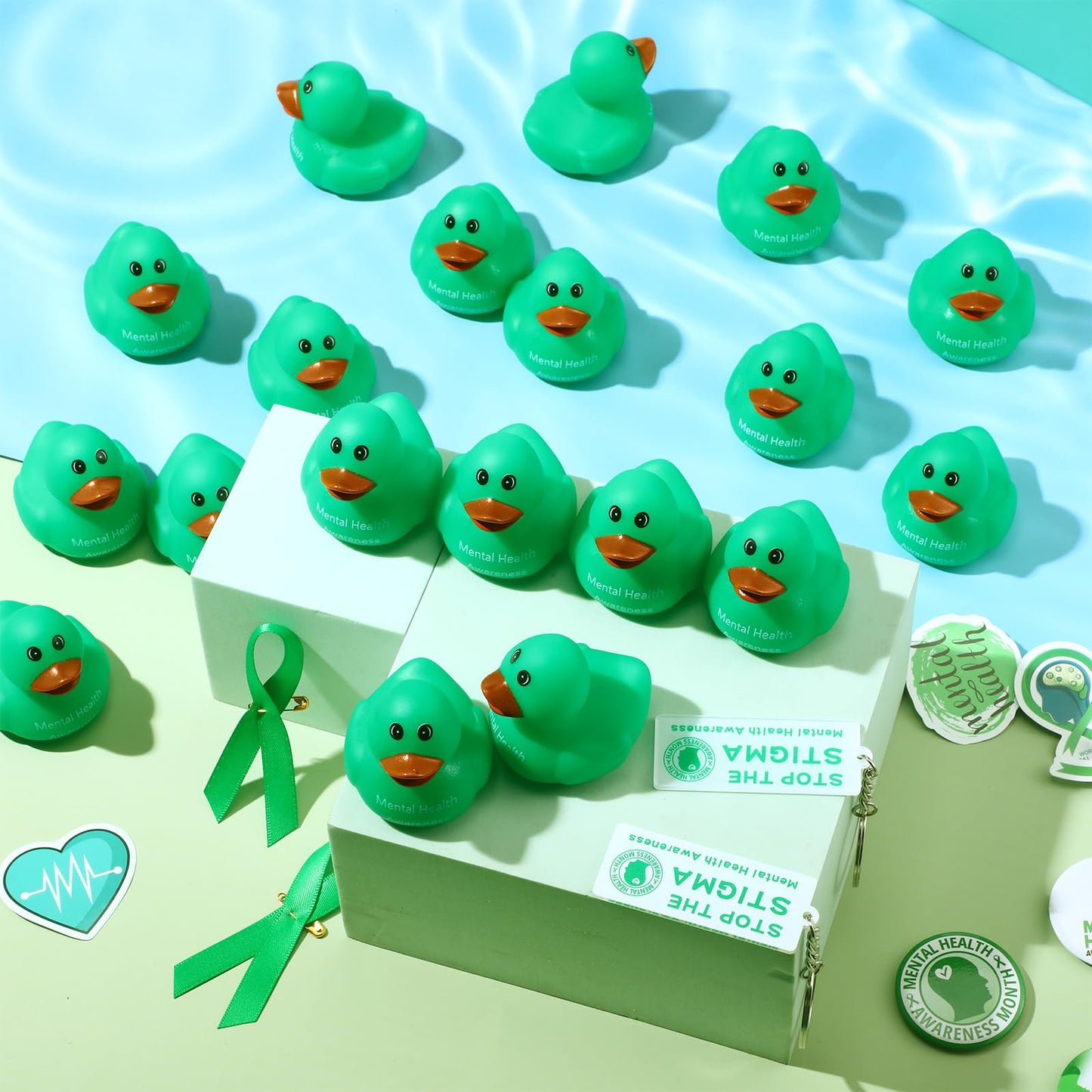 Gemscream 50 Pcs Mental Health Awareness Rubber Ducks Green Rubber Ducks Mental Health Gifts Anxiety Relief Ducks for Friend Fam